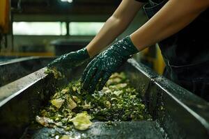 Person in Gloves Sorting and Processing Seaweed in a Factory photo
