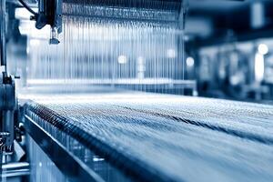 Industrial Textile Manufacturing Close up of High Speed Weaving Loom in Action photo