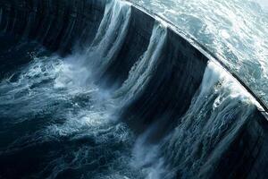 Dramatic Aerial View of Dam Overflowing Powerful Waterfall Turbulent Water Hydroelectric Power photo