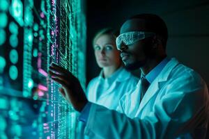 Scientists Analyzing Data on Interactive Display Screen Futuristic Technology Research photo