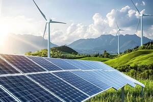 Sustainable Energy Solar Panels Wind Turbines in Scenic Mountain Landscape photo