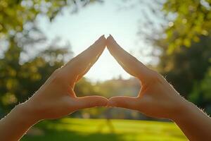 Hands making a triangle shape with the sun in the background photo