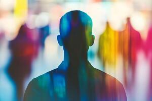 The silhouette of a man in front of a crowd of people photo