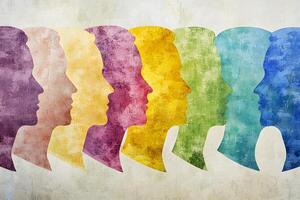 A group of people with different colored faces photo