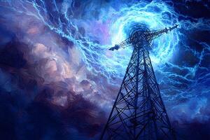A digital painting of a tower with lightning photo