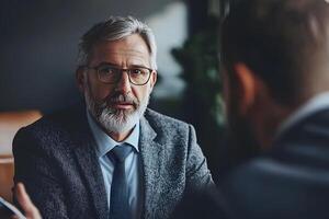 un hombre con lentes y un barba hablando a otro hombre foto