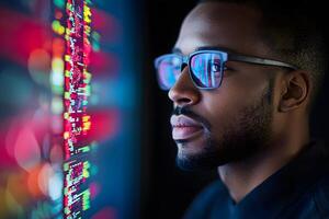 A man wearing glasses and looking at a computer screen photo