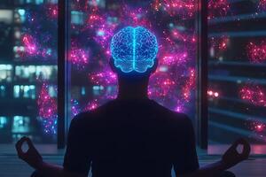 A man meditating in front of a cityscape with a brain in the middle photo