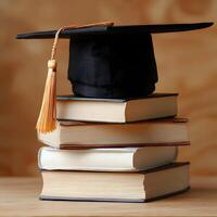 A graduation cap sits on top of a stack of books photo