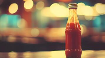 Small Bottle of Red Sauce on a Table with Blurred Background Lights photo