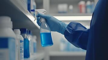 Gloved Hand Selecting Blue Disinfectant Spray Bottle from Shelf photo