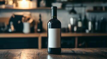 Red Wine Bottle Mockup Blank Label on Rustic Wooden Table in a Blurred Kitchen Background photo