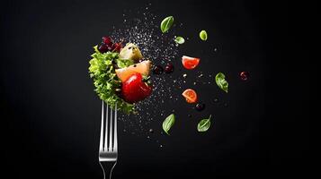 Fresh Salad Ingredients Exploding from Fork Vibrant Healthy Food Photography photo