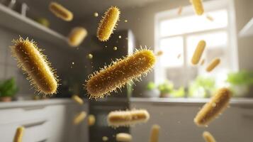 Microscopic Bacteria Floating in Modern Kitchen 3D Render Germ Concept photo