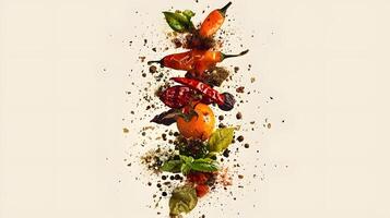 Vibrant Spices Chili Peppers and Herbs Exploding in Air Culinary Food Photography photo