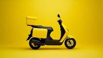 Yellow Delivery Scooter with Side Boxes on Yellow Background Food Delivery Service Concept photo