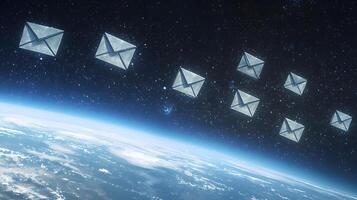 Global Email Communication Envelopes Floating Above Earth in Space photo