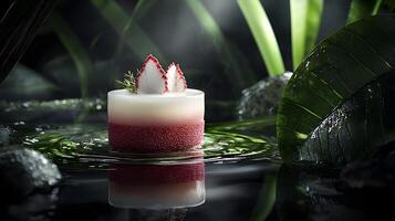 Elegant Layered Dessert in Serene Water Setting with Lush Greenery photo