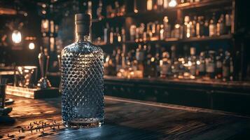 Elegant Crystal Decanter of Liquor on Dark Wood Bar Counter in a Dimly Lit Bar photo