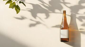 Amber Glass Bottle Mockup with Blank Label Sunlight Leaf Shadows photo