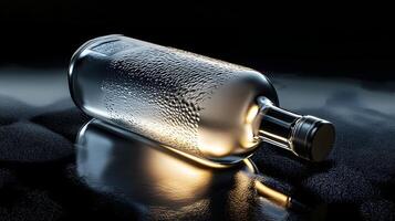 Sleek Glass Bottle with Condensation Dark Background Liquor Alcohol Drink photo