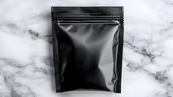 Black Stand Up Pouch Packaging Mockup on Marble Background Product Display photo