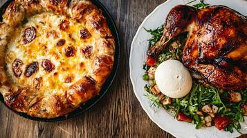 Delicious Roasted Chicken with Salad and Cheesy Bread Pizza in Rustic Setting photo