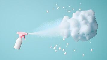Cleaning Spray Bottle Dispensing Fluffy Foam on Blue Background photo