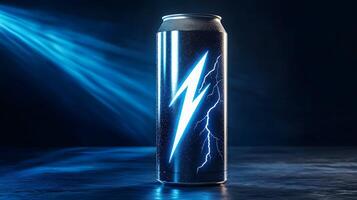 Energy Drink Can Glowing Lightning Bolt Dark Background Condensation Refreshing Beverage photo