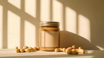Creamy Peanut Butter in Glass Jar with Peanuts Sunlit Setting Blank Label photo