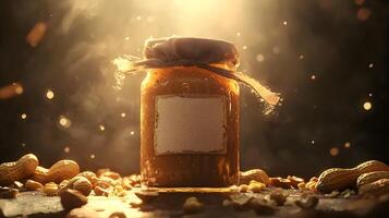 Delicious Homemade Peanut Butter in Rustic Jar with Peanuts Sunlit Background photo