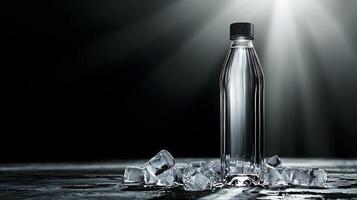 Refreshing Cold Water Bottle with Ice Cubes on Dark Background photo