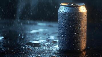 Aluminum Can Covered in Rain Drops on Wet Surface at Night photo