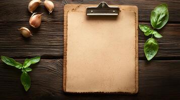 Rustic Wooden Clipboard with Blank Parchment Paper Garlic Cloves and Fresh Basil Leaves photo