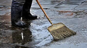Person Sweeping Wet Pavement with Broom Cleaning Street After Rain photo