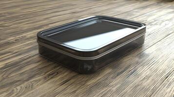 Elegant Black Rectangular Box on Rustic Wooden Surface Product Packaging Mockup photo