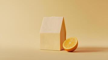 Minimalist Still Life House Shaped Papercraft and Lemon Slice on Beige Background photo
