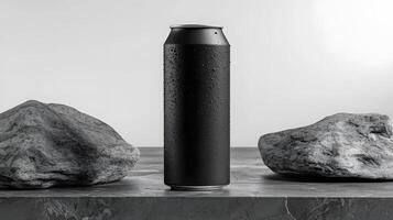 Black Beverage Can Mockup with Rocks Minimalist Product Photography Studio Shot photo