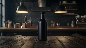 Black Matte Bottle Mockup on Rustic Wooden Table in Dark Kitchen Setting photo
