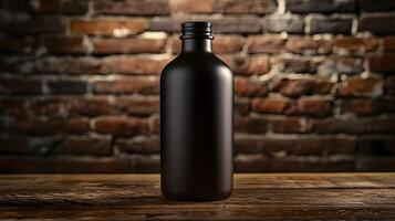 Sleek Black Bottle Mockup on Rustic Wooden Table Against Brick Wall Background photo