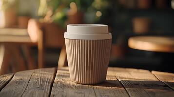 Reusable Coffee Cup on Rustic Wooden Table in Cafe Setting Sustainable Lifestyle photo