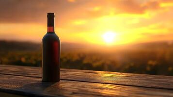 Romantic Sunset Wine Bottle on Rustic Wooden Table Vineyard Background photo