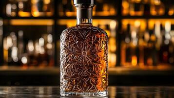 Exquisite Ornate Decanter of Amber Liquor on Bar Counter Illuminated Back Bar photo
