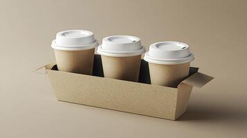 Three Cardboard Coffee Cups with Lids in a Sustainable Takeaway Container photo
