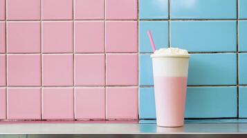 Pink and Blue Tile Background with Strawberry Milkshake and Whipped Cream photo