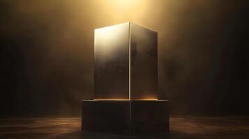 Elegant Gold Metal Box on Dark Base Product Display Award Luxury Presentation photo