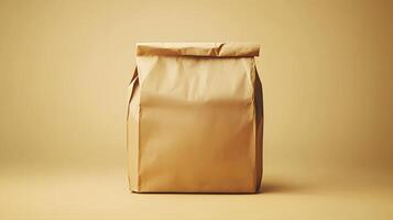 Simple Kraft Paper Bag Mockup Empty Brown Package Studio Shot on Beige Background photo