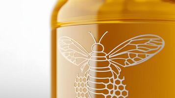 Honey Jar Close up Golden Honey with Etched Bee Design Honeycomb Pattern photo