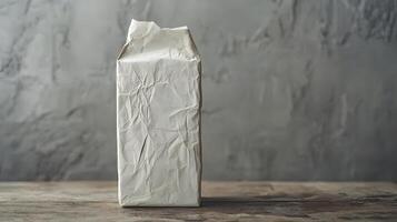Crumpled Paper Package Mockup Rustic Wooden Table Gray Background photo