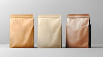 Kraft Paper Stand Up Pouches Packaging Mockup Brown Beige and Tan Colors Retail Packaging Design photo